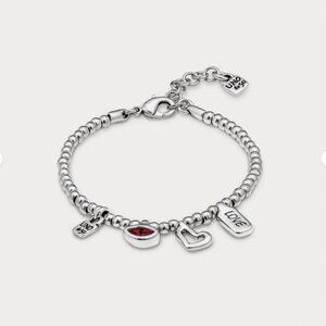 NWT UNO de 50 Silver Plated Dangle Bracelet Red Swarovski Crystal Heart Charms